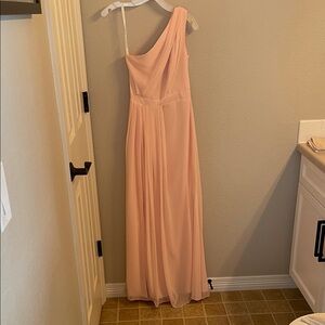 David's Bridal One-Shoulder Blush Pink Chiffon Gown